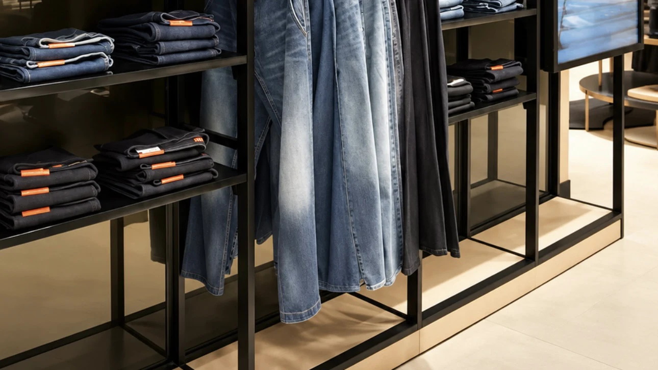 Jeans on shelves and a rail in an AVENUE boutique