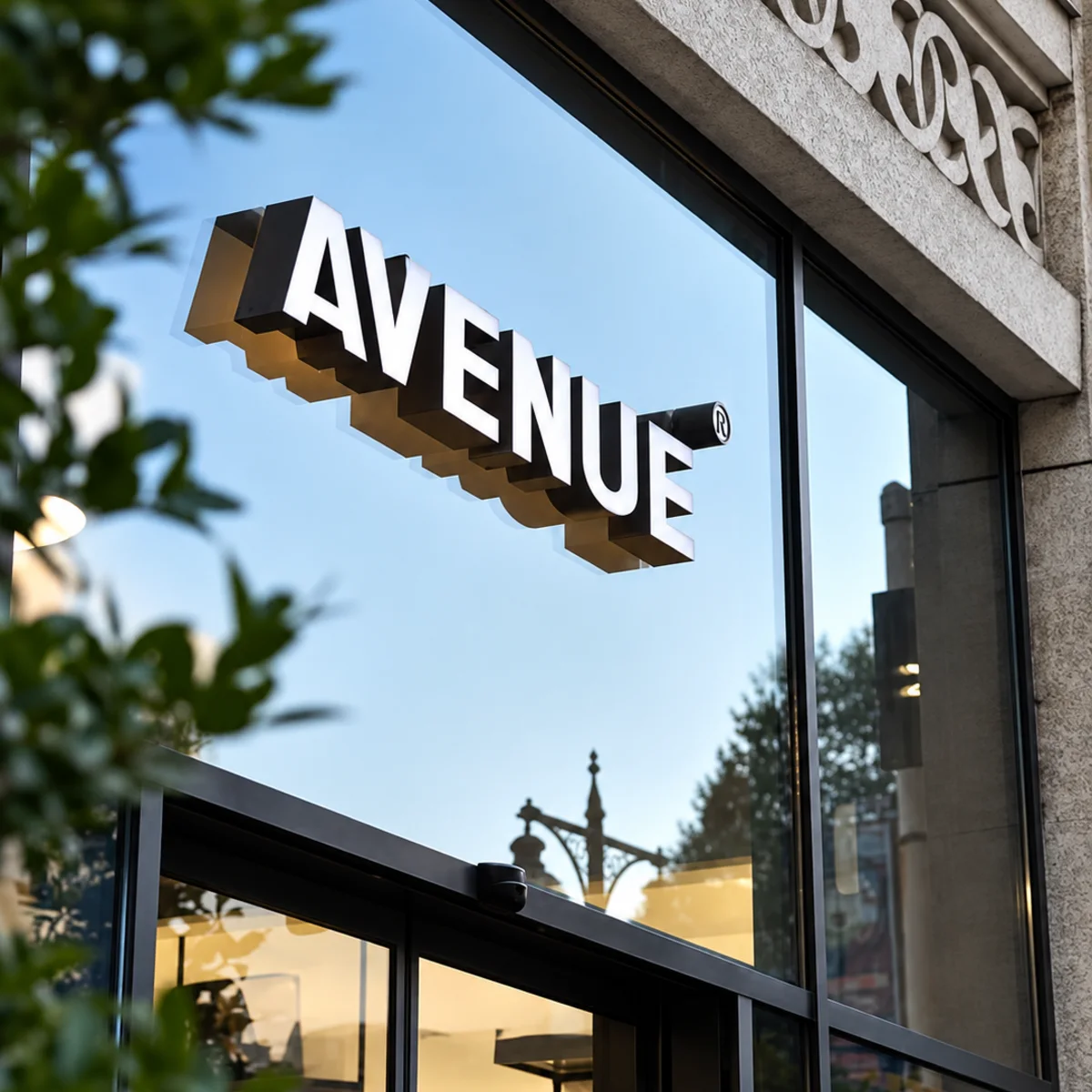 Вывеска AVENUE на фасаде бутика