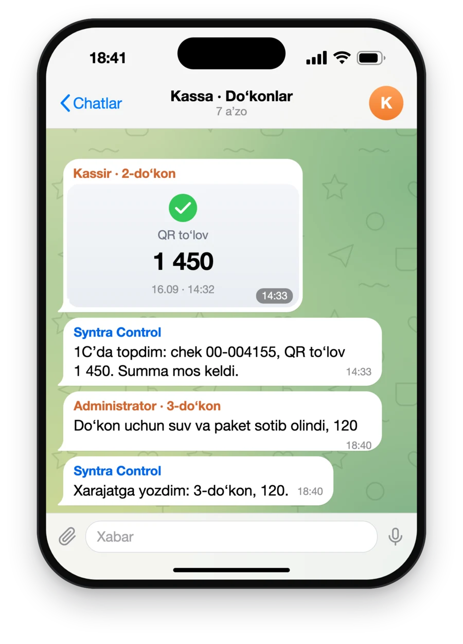 Do‘konlar ish chati: bot QR to‘lovni 1C bilan solishtiradi va xarajatni yozadi