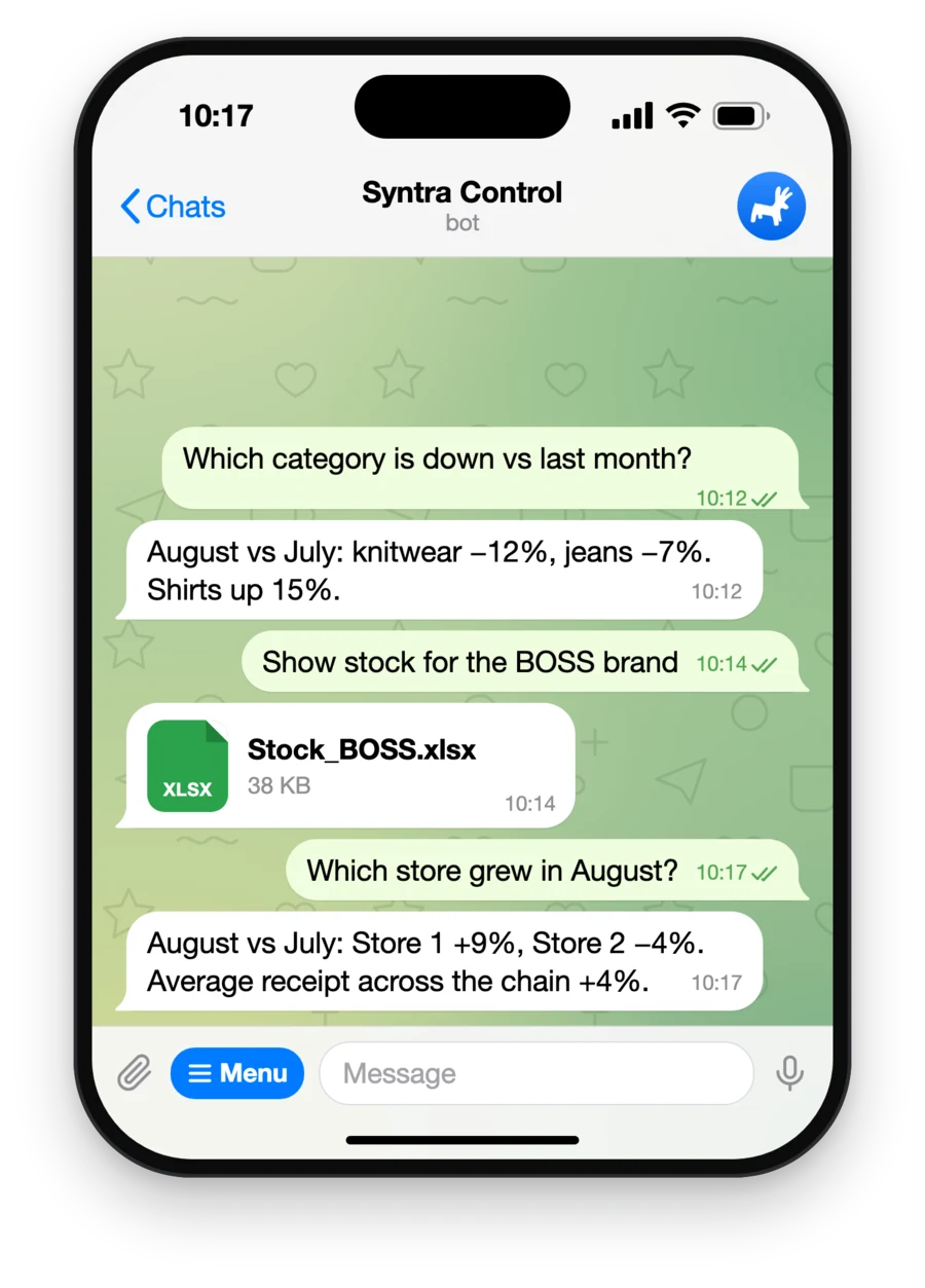Chat with the Syntra Control bot: questions about sales and stock