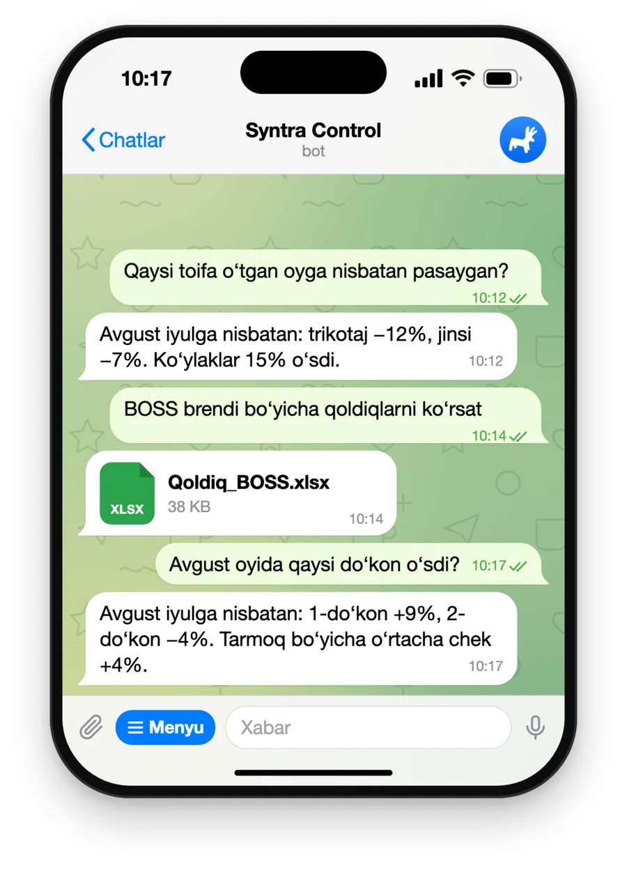 Syntra Control bot bilan yozishma: savdo va qoldiqlar bo‘yicha savollar