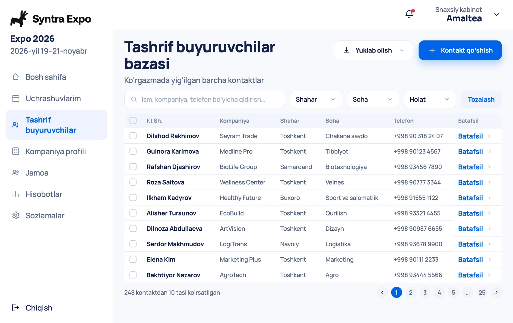 Stend tashrif buyuruvchilari bazasi — bitta tugma bilan yuklab olinadi