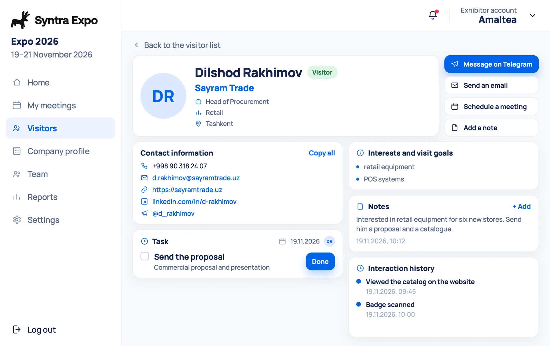 Client card: contacts, notes, tasks and history