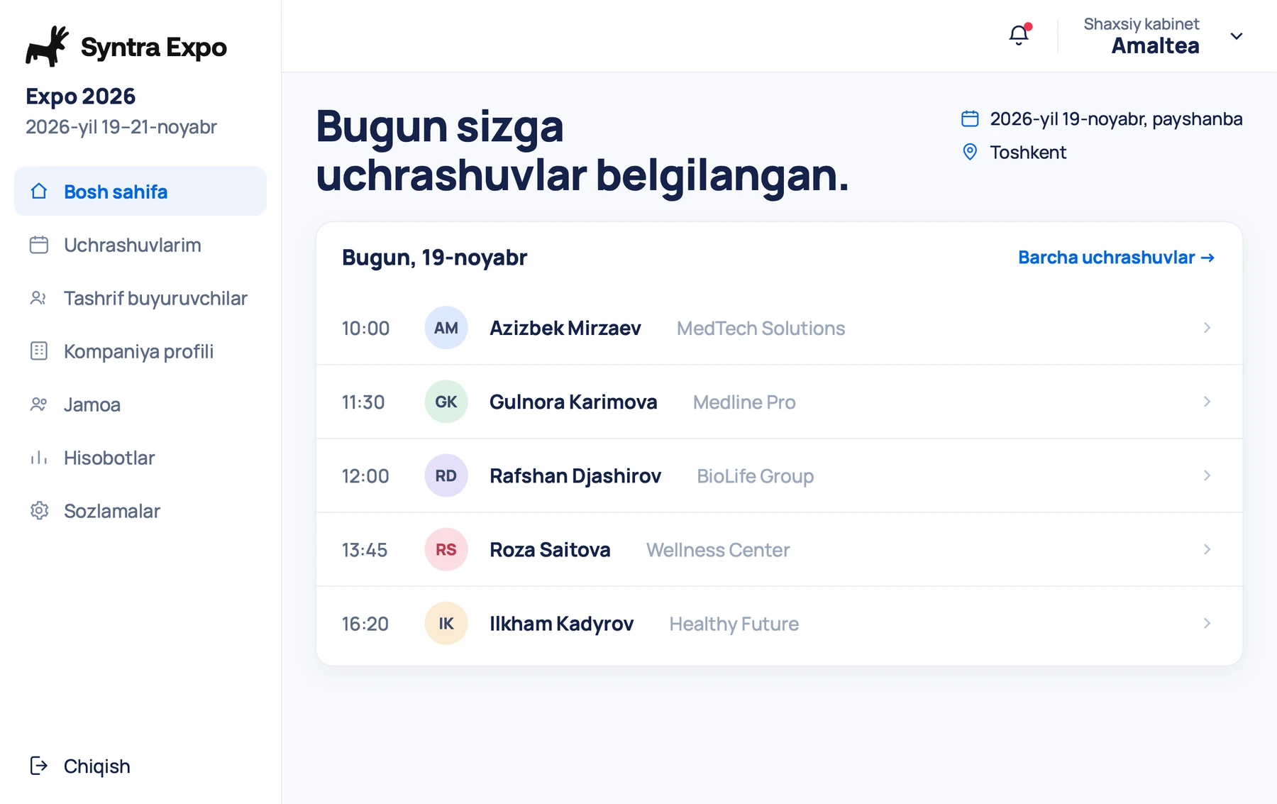 Tashkilotchi belgilagan bugungi uchrashuvlar
